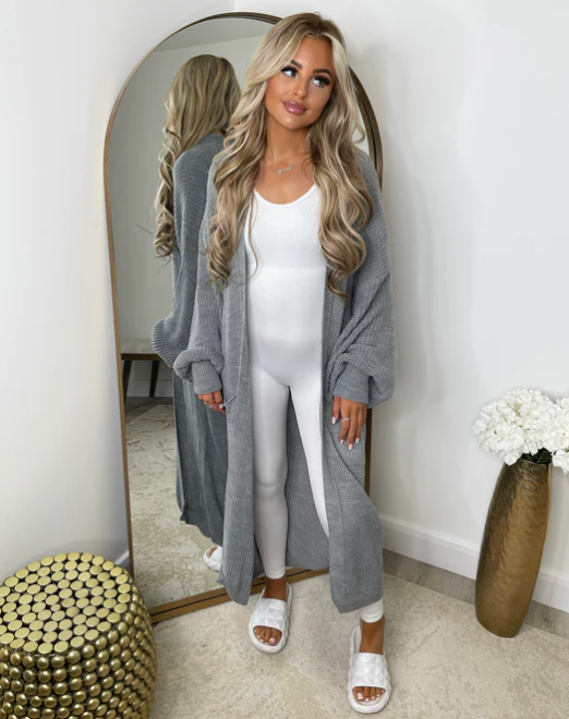 Grey Knitted Balloon Sleeve Long Cardigan