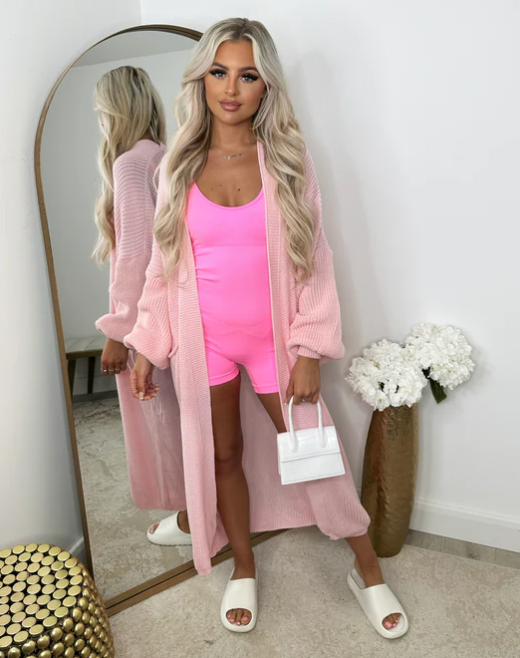 Baby Pink Knitted Balloon Sleeve Long Cardigan