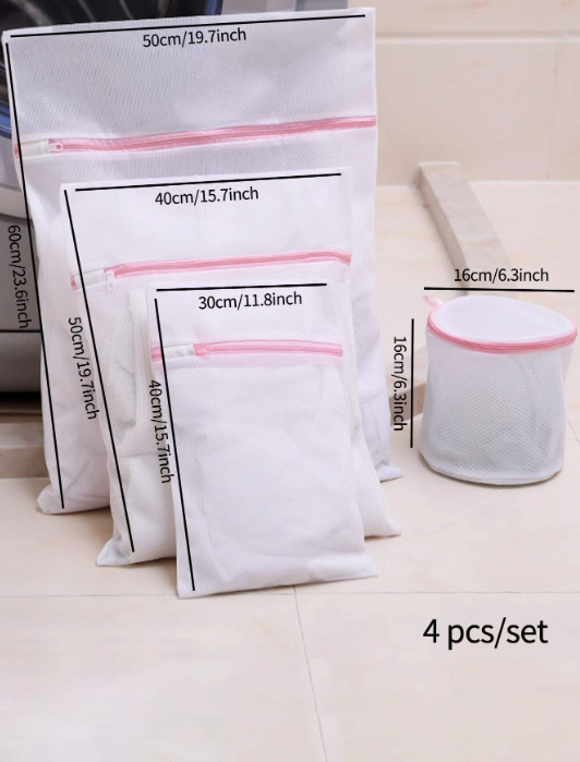 4pcs/set White Laundry Bag Set, Polyester Mesh Laundry Bag Set