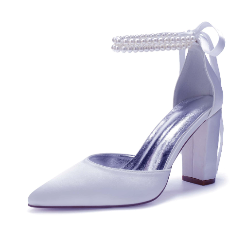 White 'Cherish' Double Pearl Strap Chunky Heel Satin Bridal Shoes