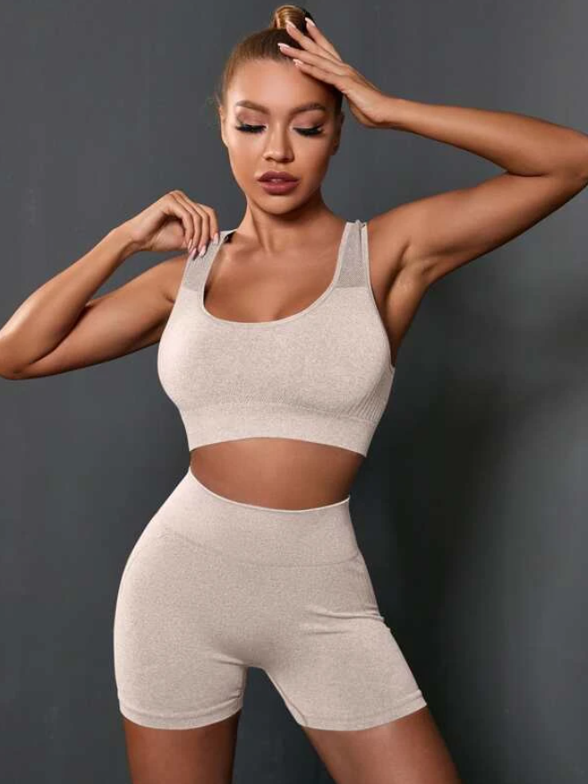 Gym Bunny Beige Amelia Scrunch Bum 2 Piece Short Gym Set