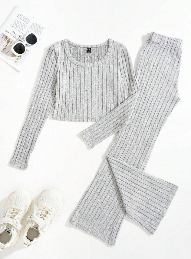 Grey Ribbed Soft Long Sleeve Loungewear Set