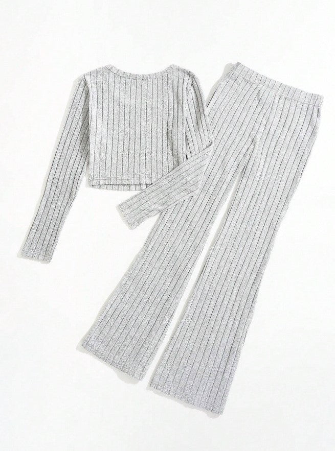 Grey Ribbed Soft Long Sleeve Loungewear Set