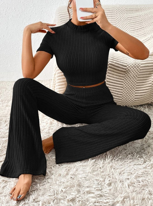 Black Ribbed Short Sleeve Loungewear Co-Ord Set