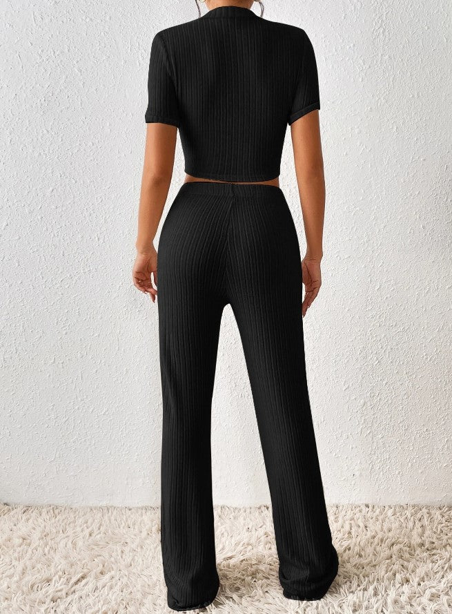 Black Ribbed Short Sleeve Loungewear Co-Ord Set