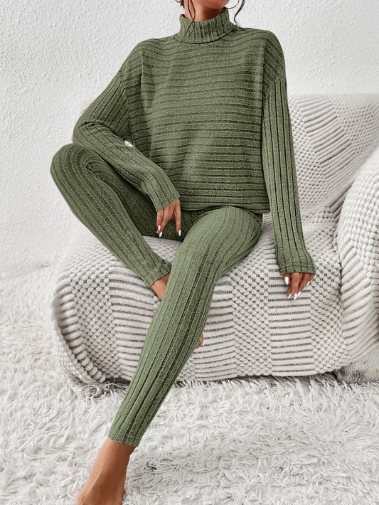 Dark Green Ribbed Turtleneck Lounge Set