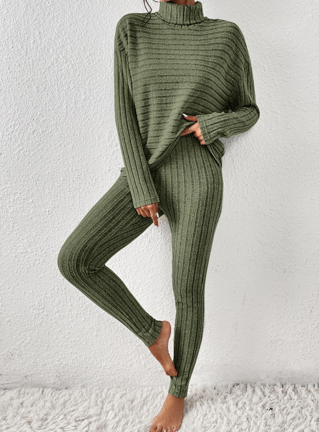 Dark Green Ribbed Turtleneck Lounge Set