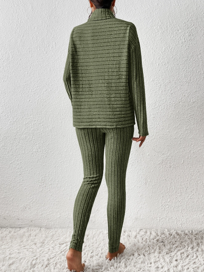 Dark Green Ribbed Turtleneck Lounge Set