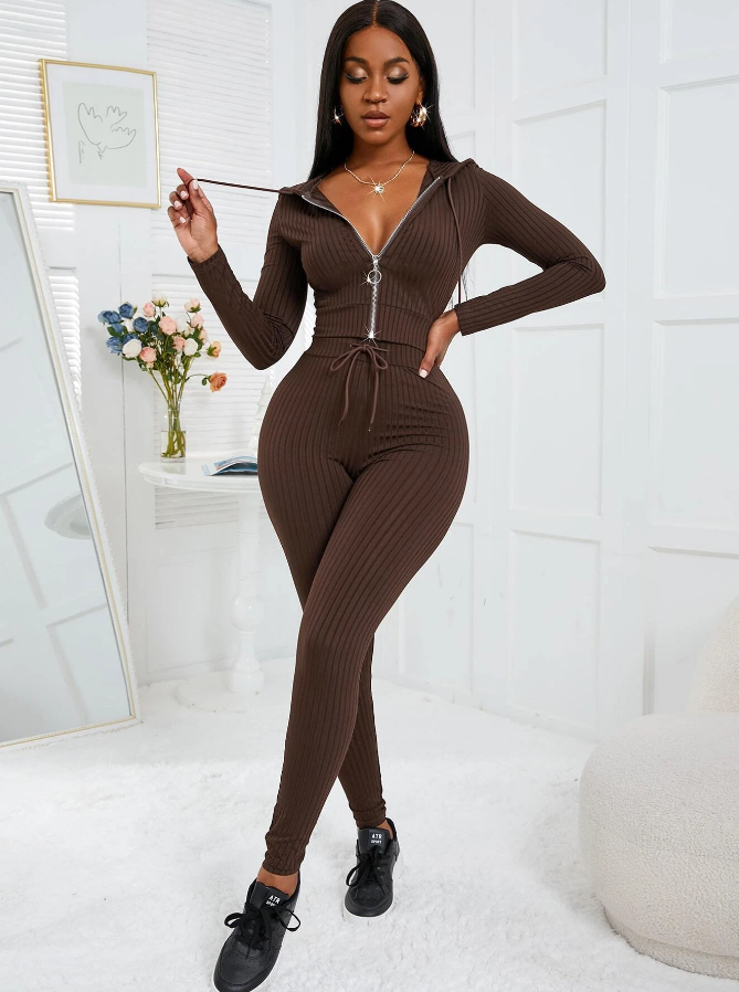 Chocolate Brown Ribbed Zip Up Lounge Set