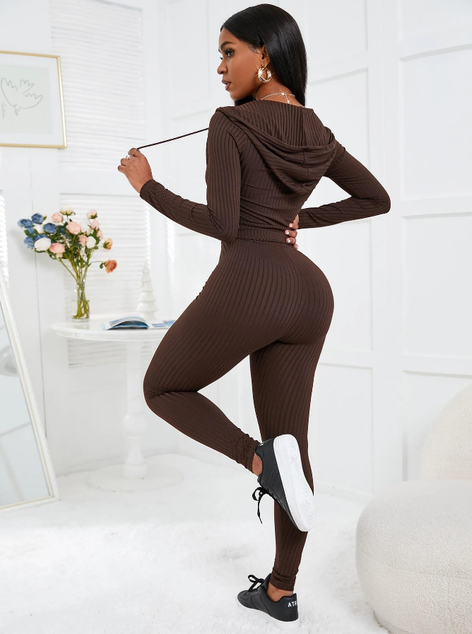 Chocolate Brown Ribbed Zip Up Lounge Set