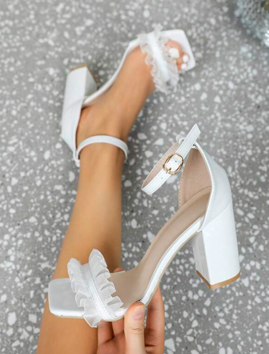 White Frill PU Chunky Heel Shoes