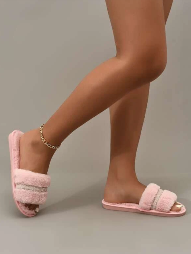 Pink Crystal Row Fluffy Slippers