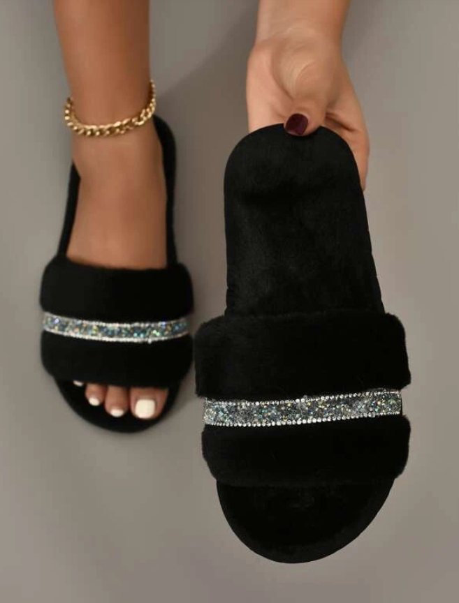 Black Crystal Row Fluffy Slippers