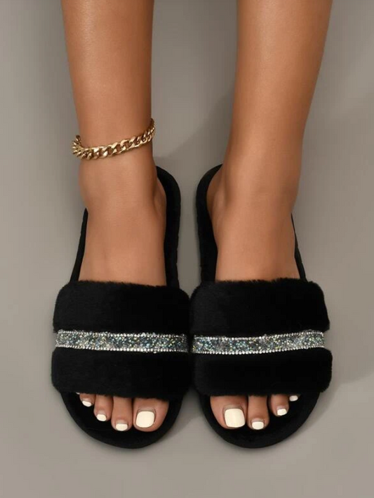 Black Crystal Row Fluffy Slippers