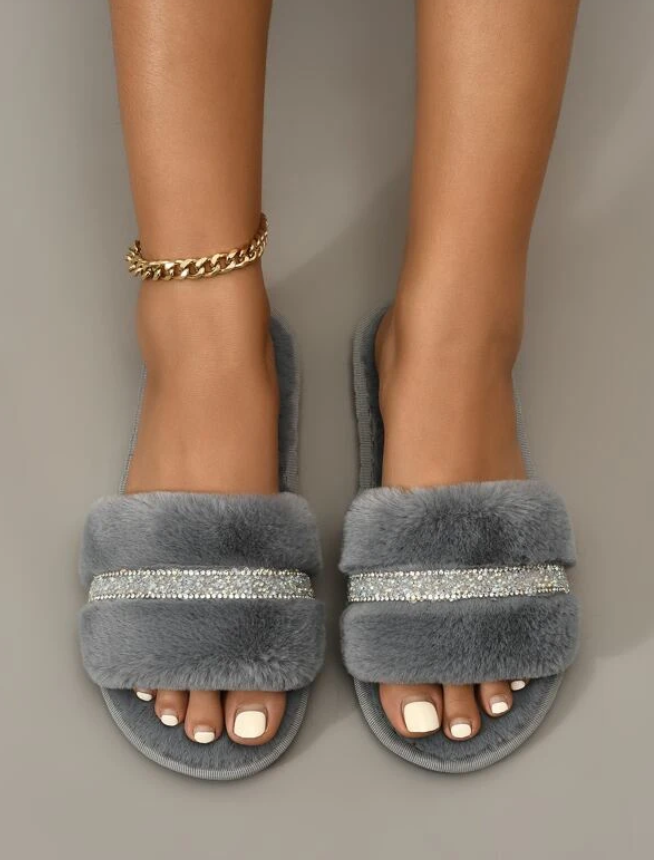Grey Crystal Row Fluffy Slippers