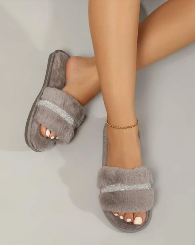 Khaki Crystal Row Fluffy Slippers