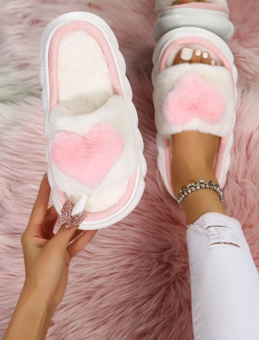 Pink & White Fluffy Heart Slippers