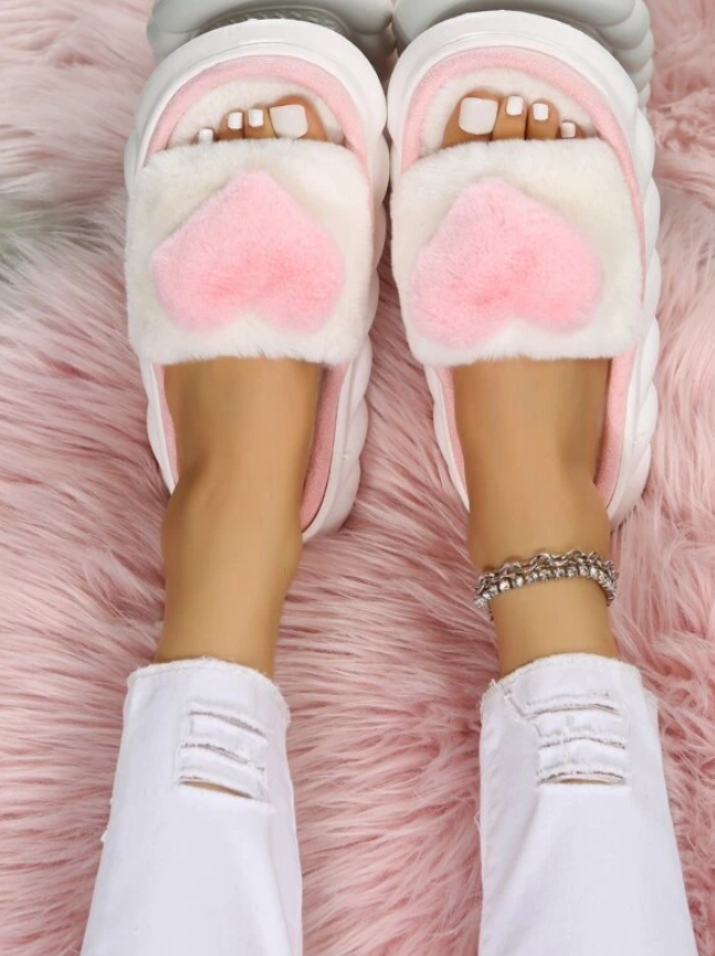 Pink & White Fluffy Heart Slippers