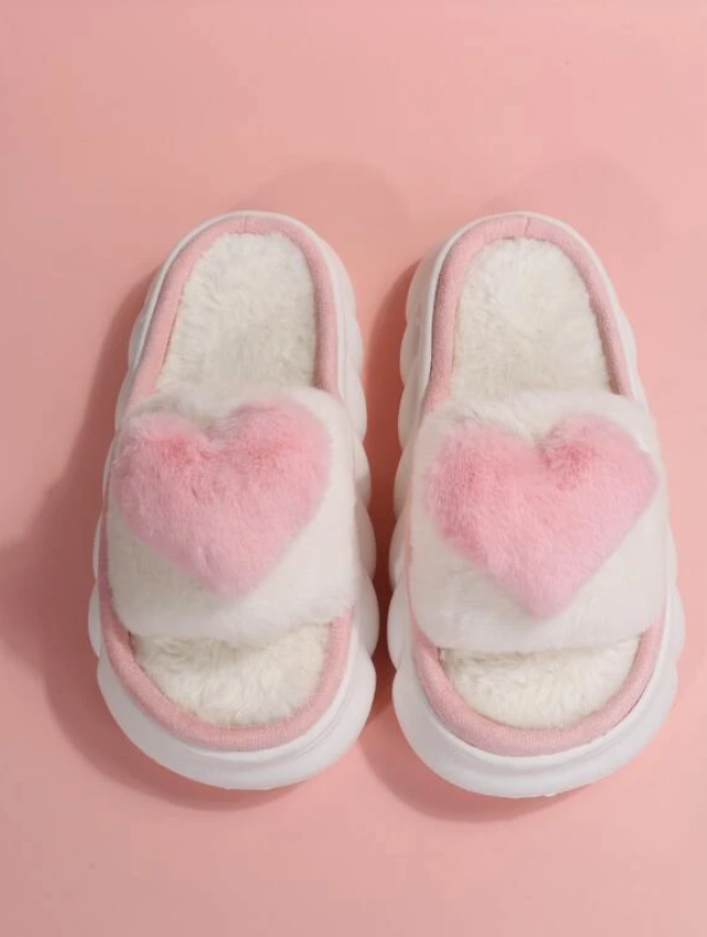 Pink & White Fluffy Heart Slippers