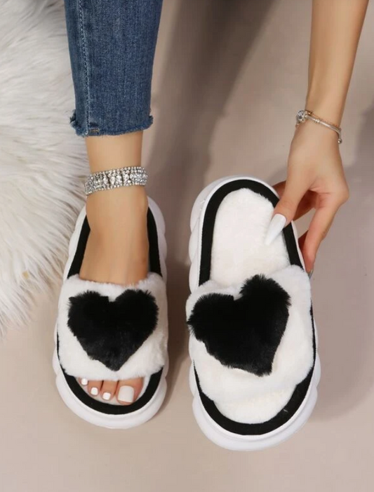 Black & White Fluffy Heart Slippers