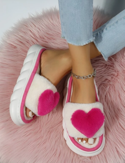 Hot Pink & White Fluffy Heart Slippers