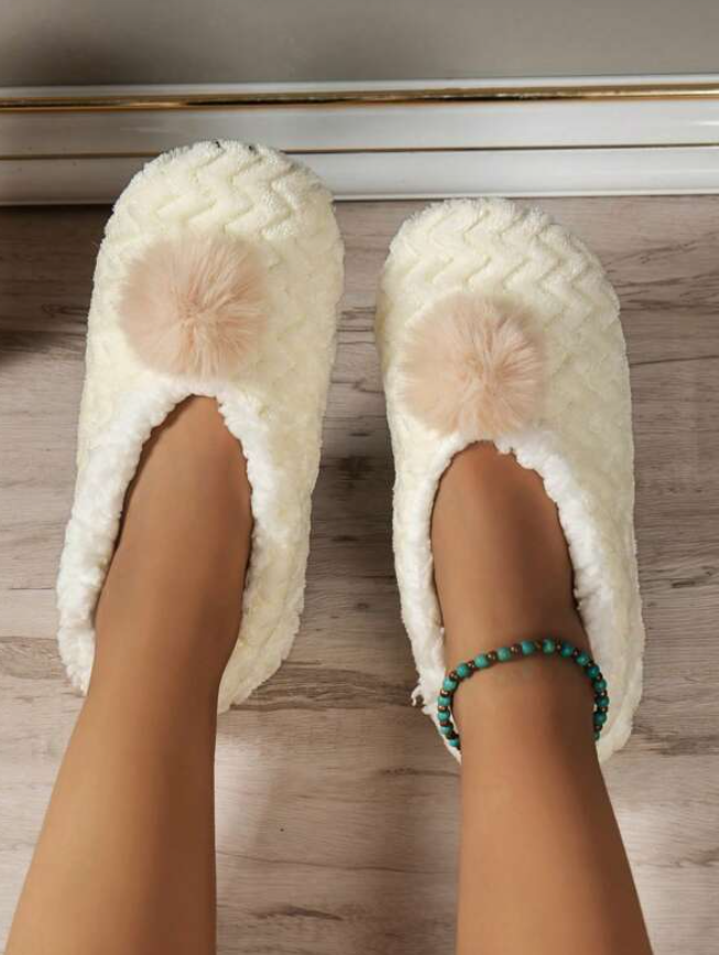 Natural Beige Pompom Slippers