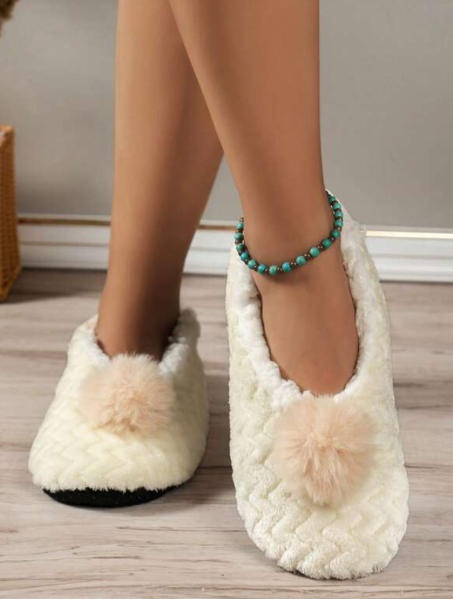 Natural Beige Pompom Slippers