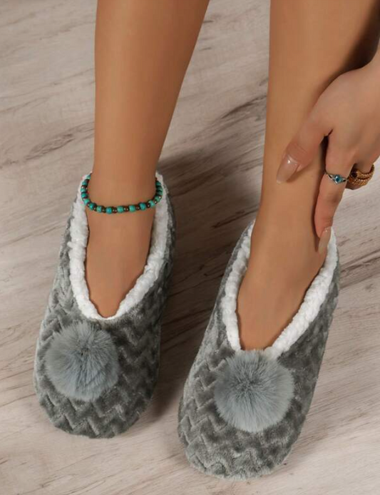 Grey Pompom Slippers