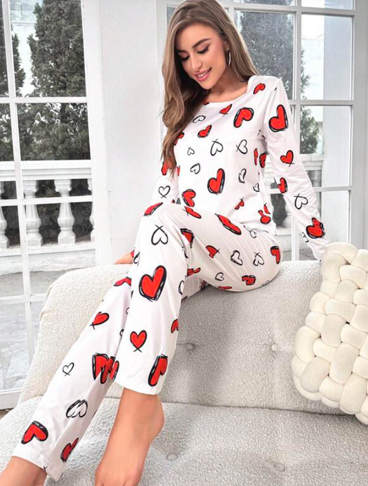 White & Red Heart Pyjama Set