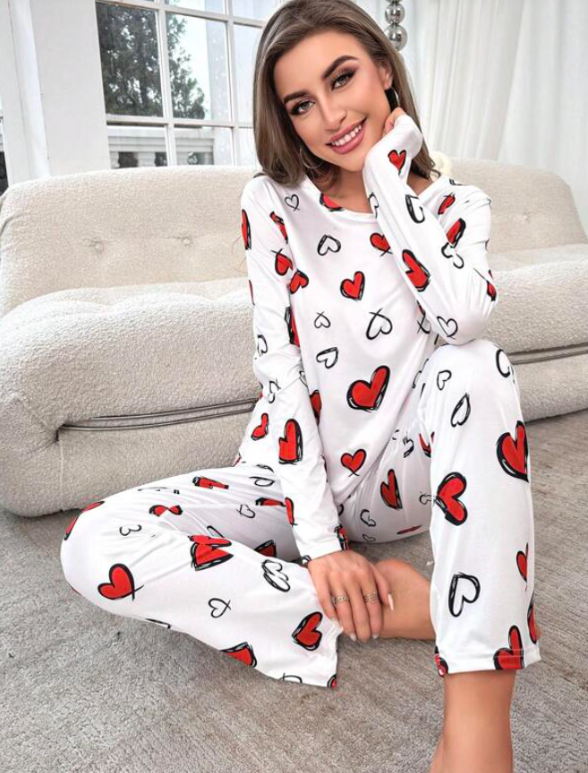 White & Red Heart Pyjama Set