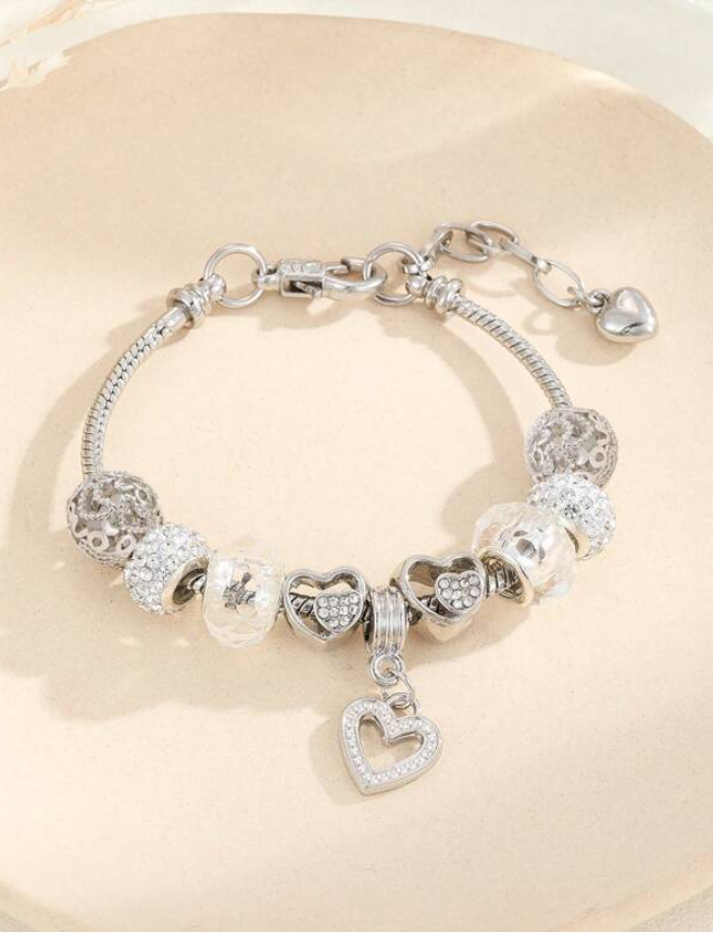 Silver Crystal Heart Charm Bracelet