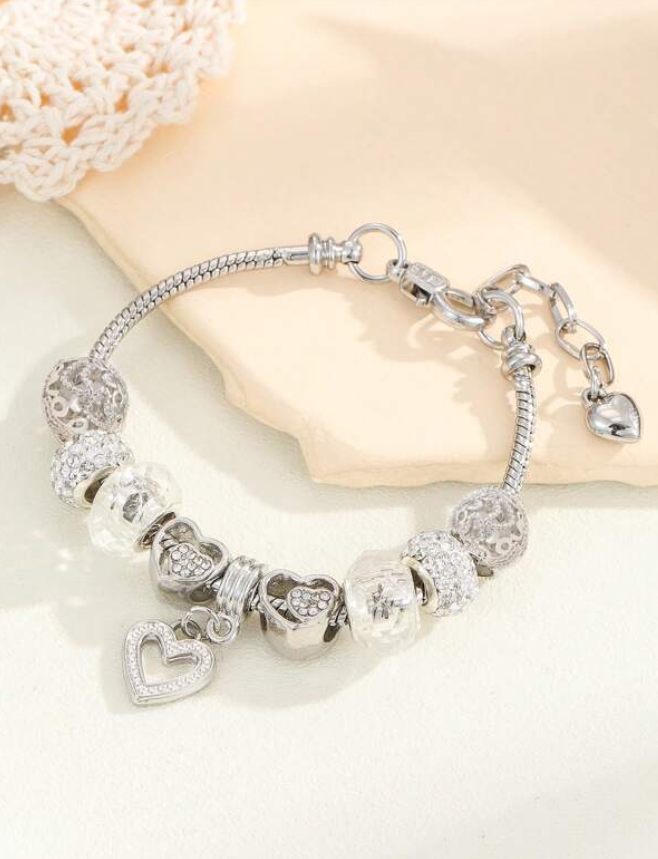 Silver Crystal Heart Charm Bracelet