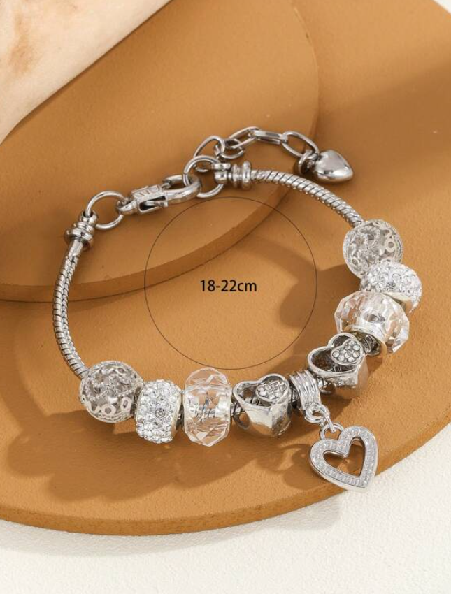 Silver Crystal Heart Charm Bracelet