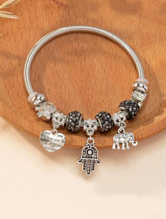 Black Crystal & Silver Hamsa Hand Charm Bracelet