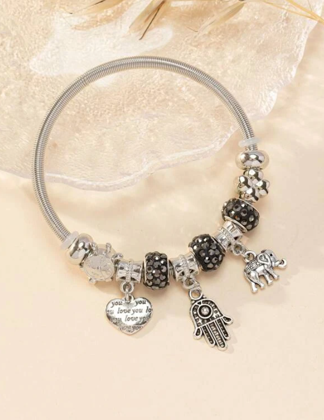 Black Crystal & Silver Hamsa Hand Charm Bracelet