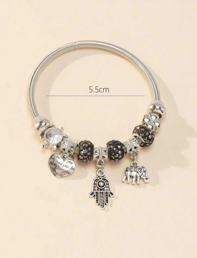 Black Crystal & Silver Hamsa Hand Charm Bracelet