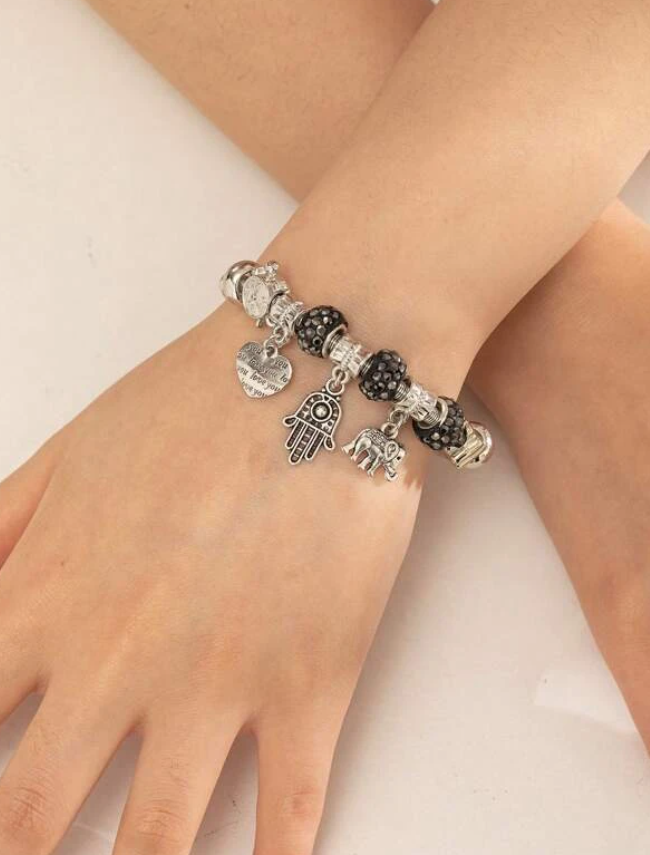 Black Crystal & Silver Hamsa Hand Charm Bracelet