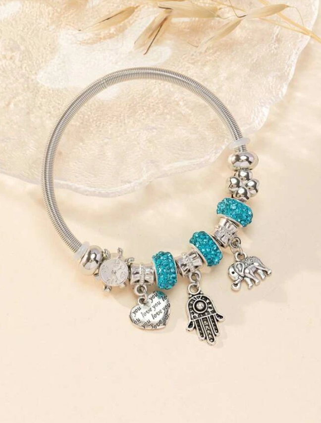 Blue Crystal & Silver Hamsa Hand Charm Bracelet