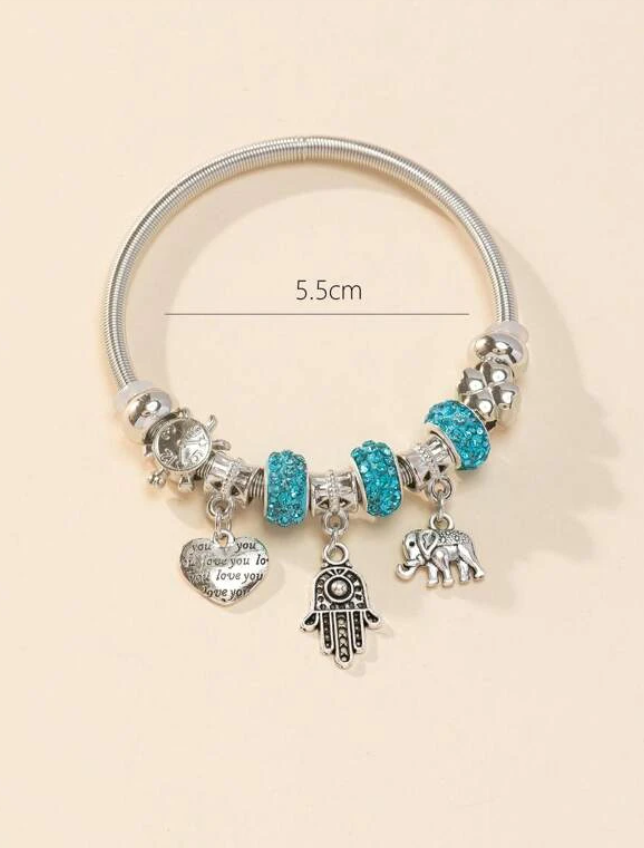 Blue Crystal & Silver Hamsa Hand Charm Bracelet