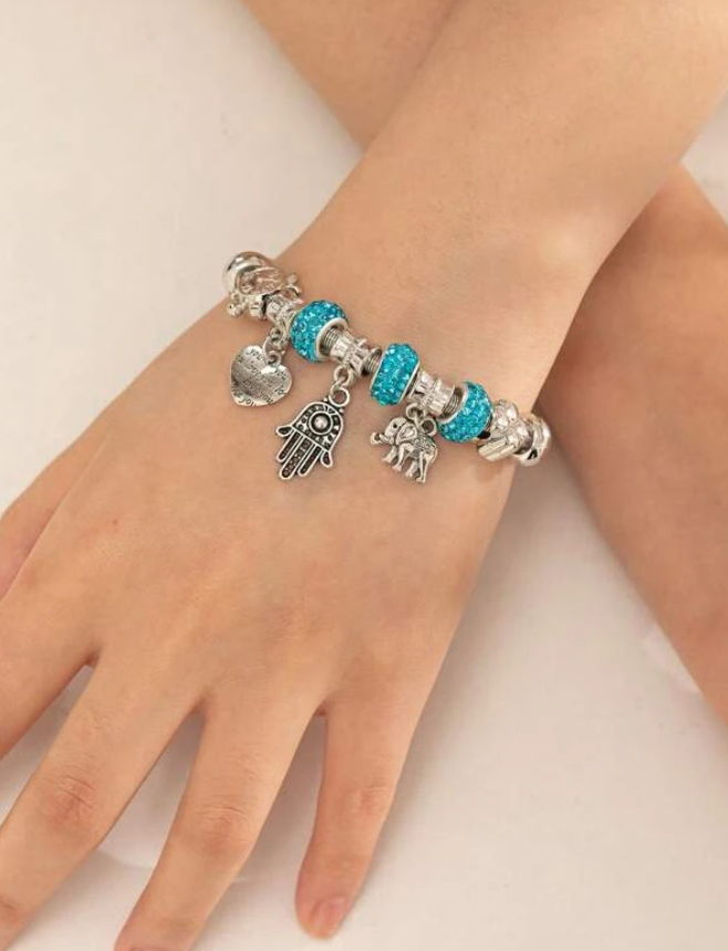 Blue Crystal & Silver Hamsa Hand Charm Bracelet