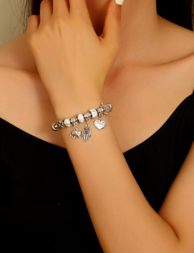 Crystal & Silver Hamsa Hand Charm Bracelet