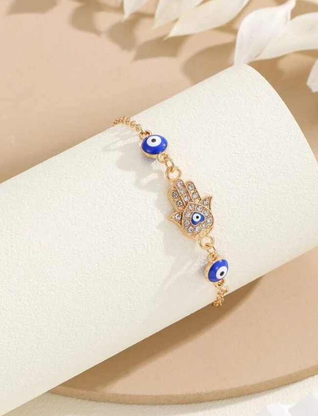 Gold Crystal Hamsa Hand & Evil Eye Bracelet