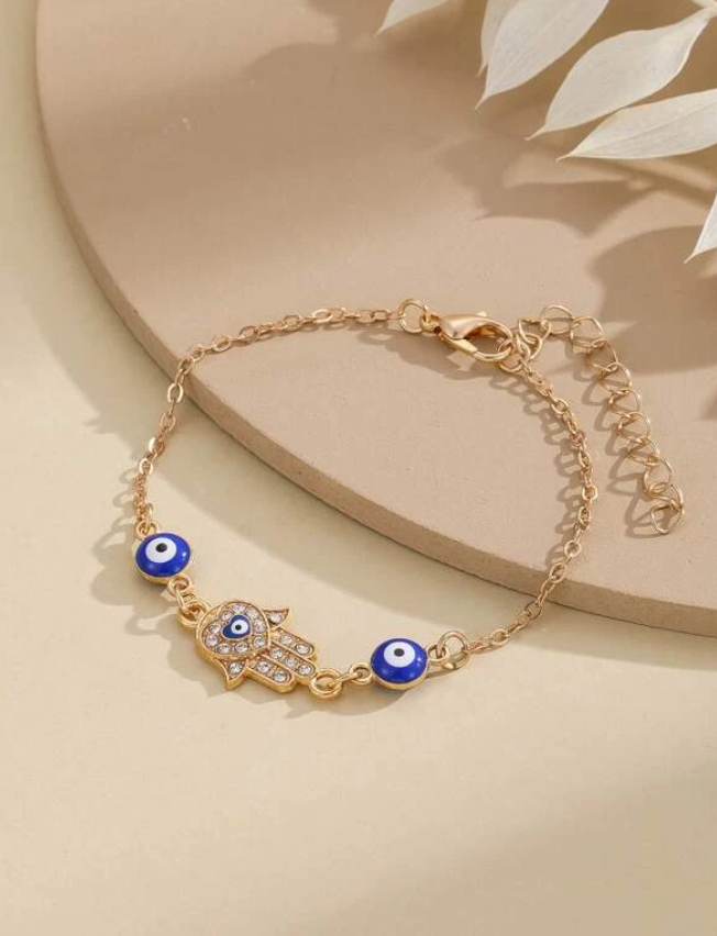 Gold Crystal Hamsa Hand & Evil Eye Bracelet