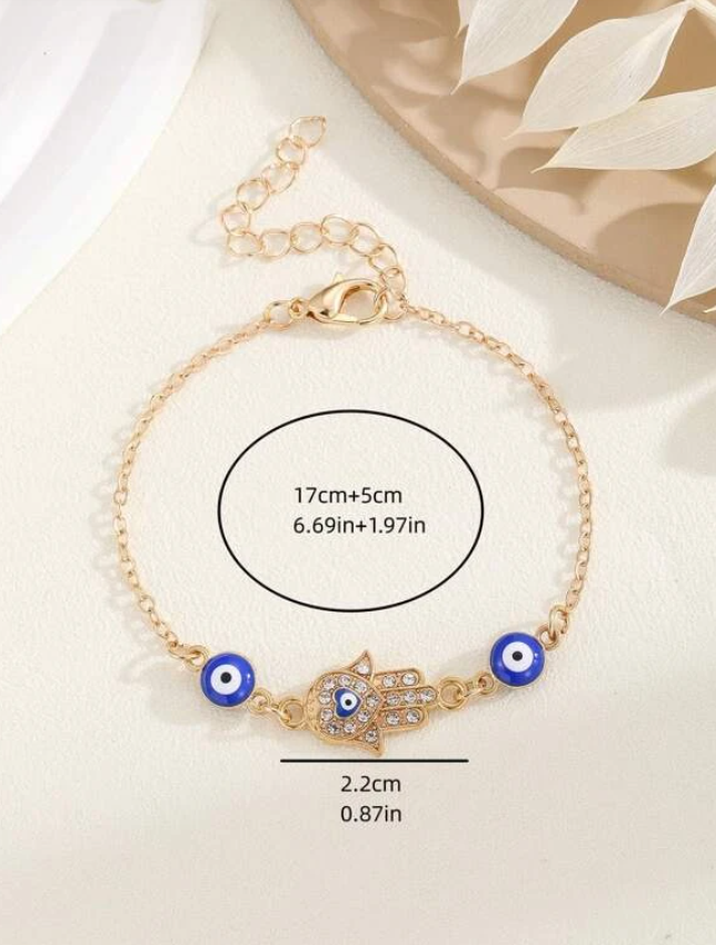 Gold Crystal Hamsa Hand & Evil Eye Bracelet