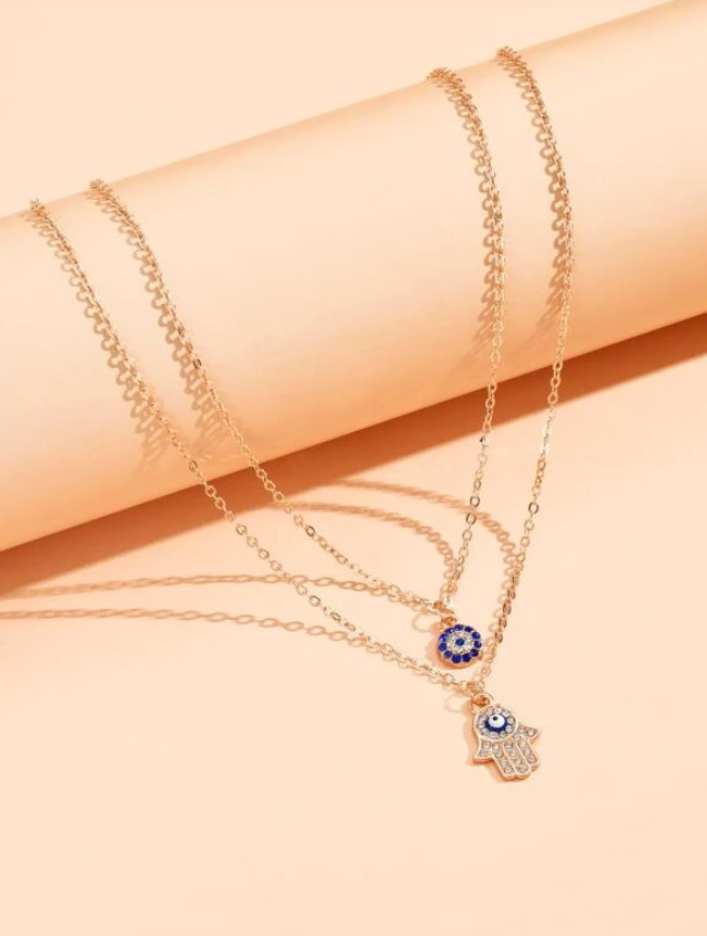 Gold Evil Eye & Hamsa Hand Crystal Necklace 2 Piece