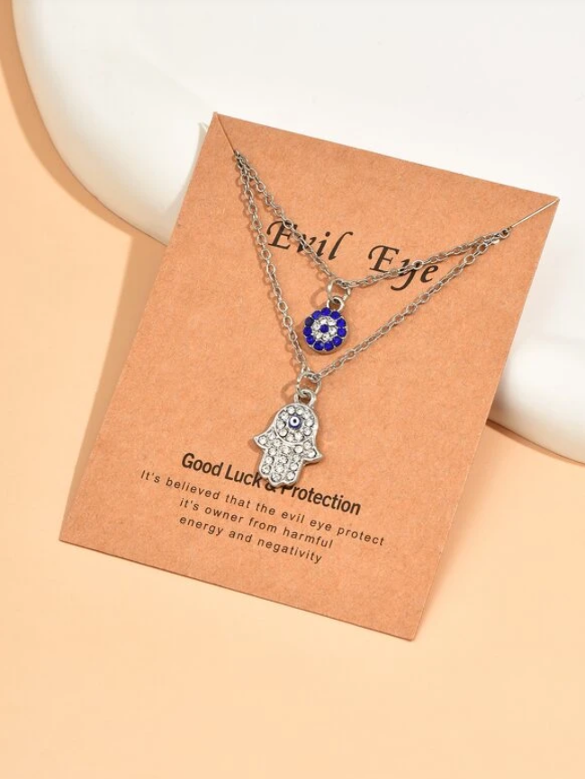 Silver Evil Eye & Hamsa Hand Crystal Necklace 2 Piece