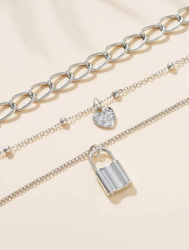 Silver Padlock Layered Necklace