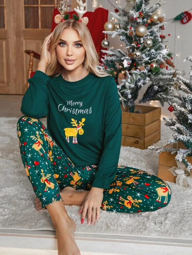 Green Reindeer Merry Christmas Pyjama Set