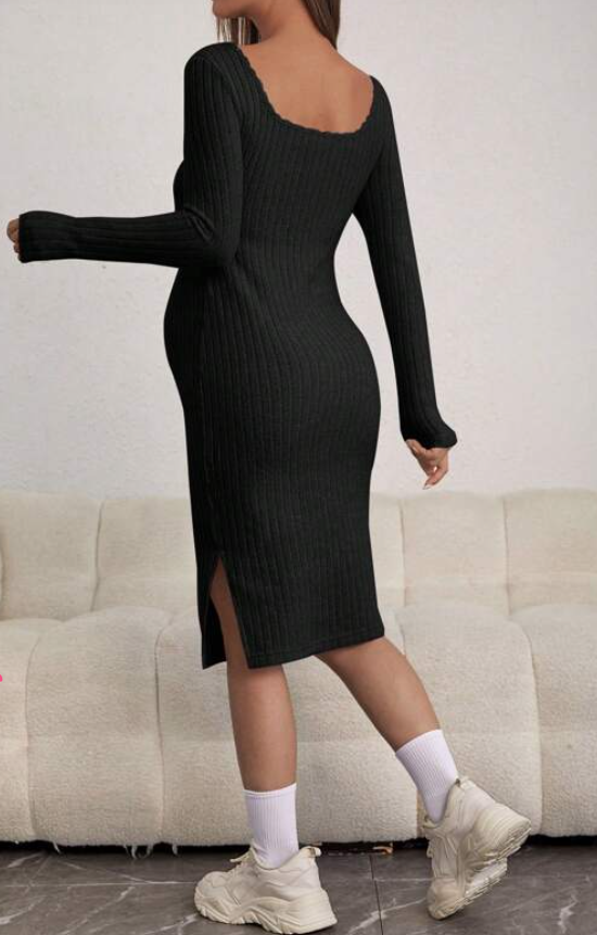 Black Long Sleeve Ribbed Maternity Dress