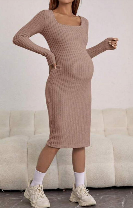 Khaki Long Sleeve Ribbed Maternity Dress